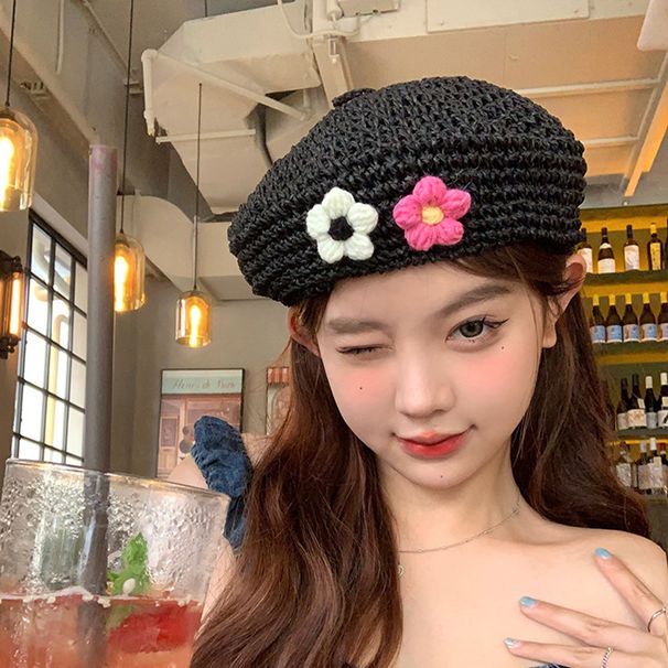 Akciós szalmaszálas kötött puffvirágos női tavaszi, nyári és őszi vékony szövésű vad brit barett üreges festőkalap_voghion.com