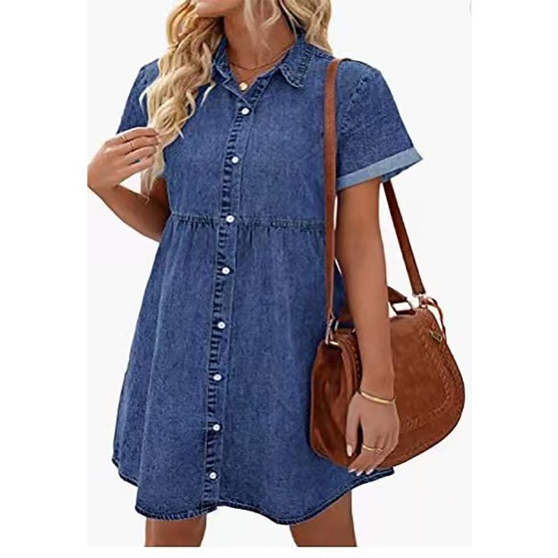 Women's dress Wash denim lapel loose sweet peplum dress skirt_voghion.com
