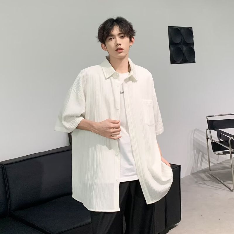 Shirt men's short sleeved drape feeling, niche design feeling, jacket ruffled and handsome work clothes, half sleeved shirt_voghion.com