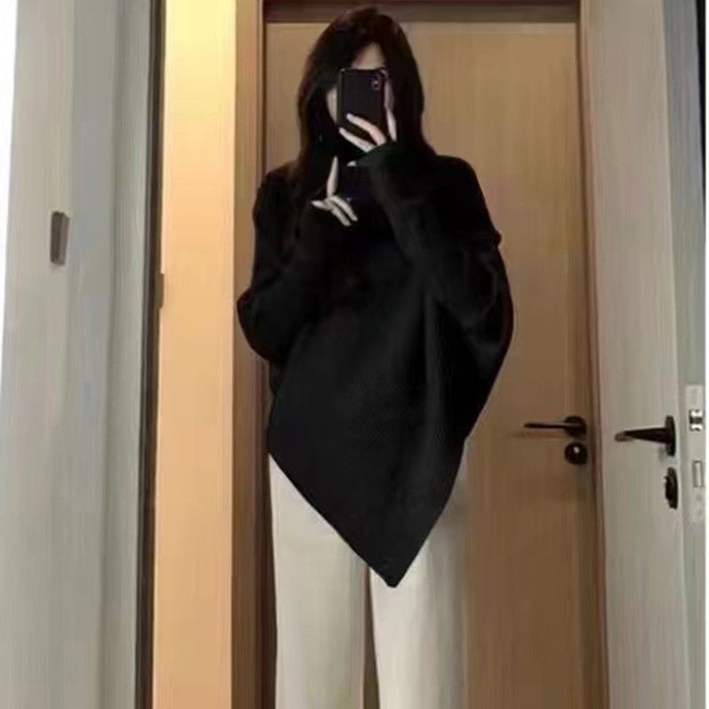 Unregelmäßiger Pullover mit hohem Hals für Damen, Herbst und Winter 2024 im koreanischen Stil, sanfter großer roter Lazy-Langarm-Basisstrick_voghion.com