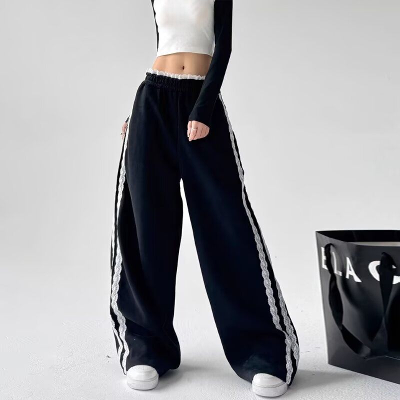 Women's Autumn Winter New High Waist Spliced Lace Trim Draped Slimming Spor Wide Leg Pan Trendy Casual_voghion.com