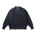 Pull ample unisexe en maille japonaise pour homme, détails usés et col ras du cou - Fil respirant, coupe oversize, noir et gris clair_voghion.com
