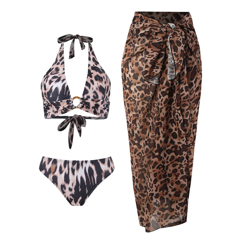 Maillot de bain trois pièces imprimé léopard pour femme, bikini sexy, jupe en mousseline de soie_voghion.com