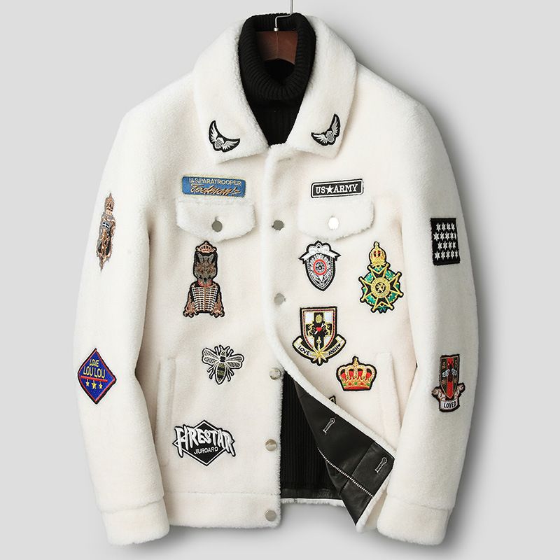 Abrigo de piel de oveja con bordado de solapa de piel para hombre, chaqueta de piel de cordero gruesa de moda para hombre_voghion.com