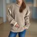 Patchwork-Strickpullover für Damen – Übergroßer Pullover mit Rundhalsausschnitt und dickem, warmem Stoff (Pink/Grau/Beige/Khaki, S/M/L)_voghion.com