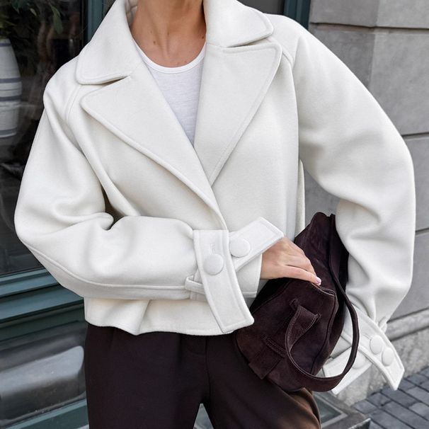 Blazer feminino grande e elegante - Jaqueta curta de lã com lapela entalhada e mangas caídas para outono e inverno_voghion.com