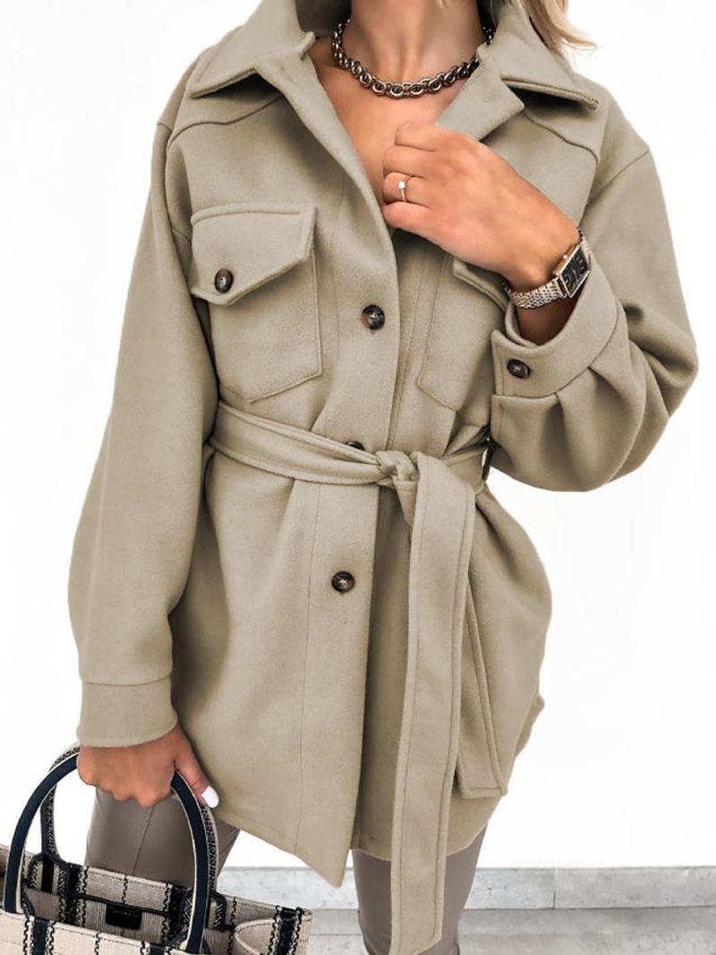 Women's Clothing Autumn and Winter New Long-sleeved Temperament Solid Color Lapel Button Tie Woolen Coat_voghion.com