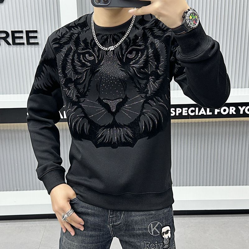 Vêtements pour hommes marque de mode hommes haut de gamme repassage diamant tigre à capuche hommes vintage col rond chemise de base_voghion.com