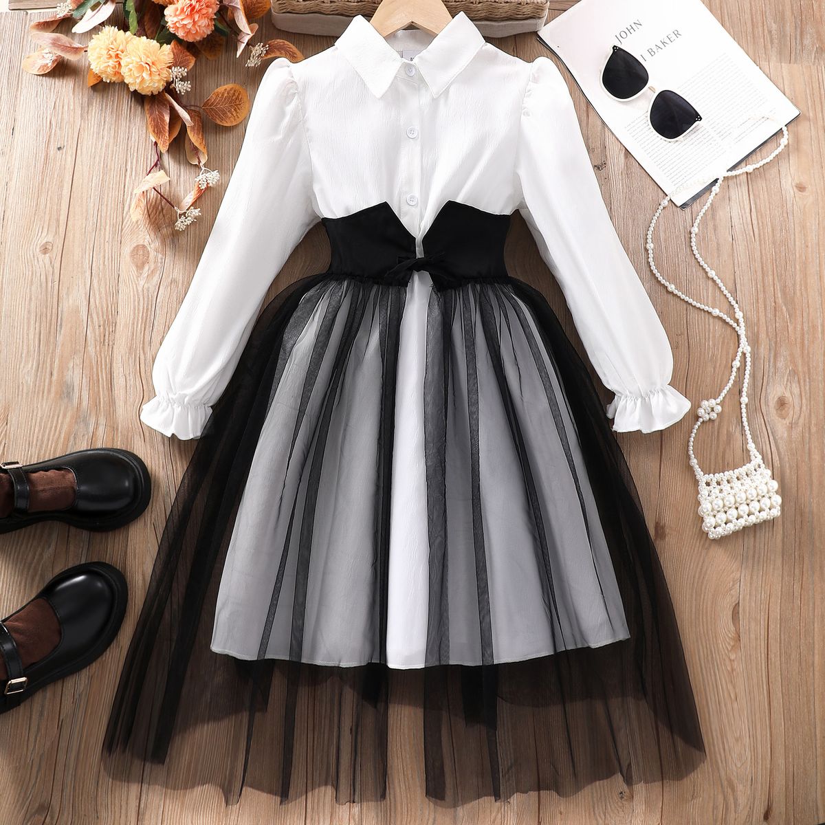 Kids’ Clothing Girls' Long Sleeved Lapel Waist Seamed Mesh Stitching Dress_voghion.com