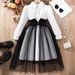 Kids’ Clothing Girls' Long Sleeved Lapel Waist Seamed Mesh Stitching Dress_voghion.com
