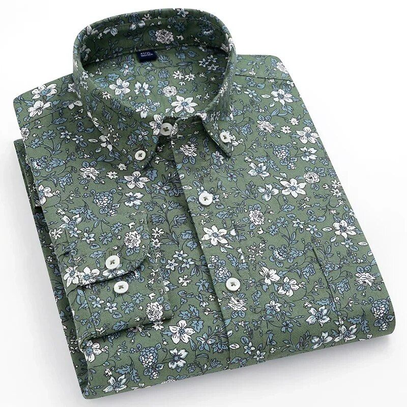 Herren Blumen Oxford Baumwolle Strand Floral Bedruckt Lässig Hawaiian Kleid Shis Taschen Design Langarm Standard-fit_voghion.com
