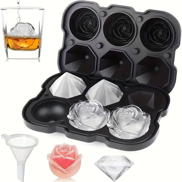 Tavă pentru cuburi de gheață Rose cu capace - Tavă din silicon 3 Producător de bile de gheață pentru cocktail-uri răcite, whisky și suc - Eliberare ușoară formă de cub de gheață mare cu beneficii_voghion.com