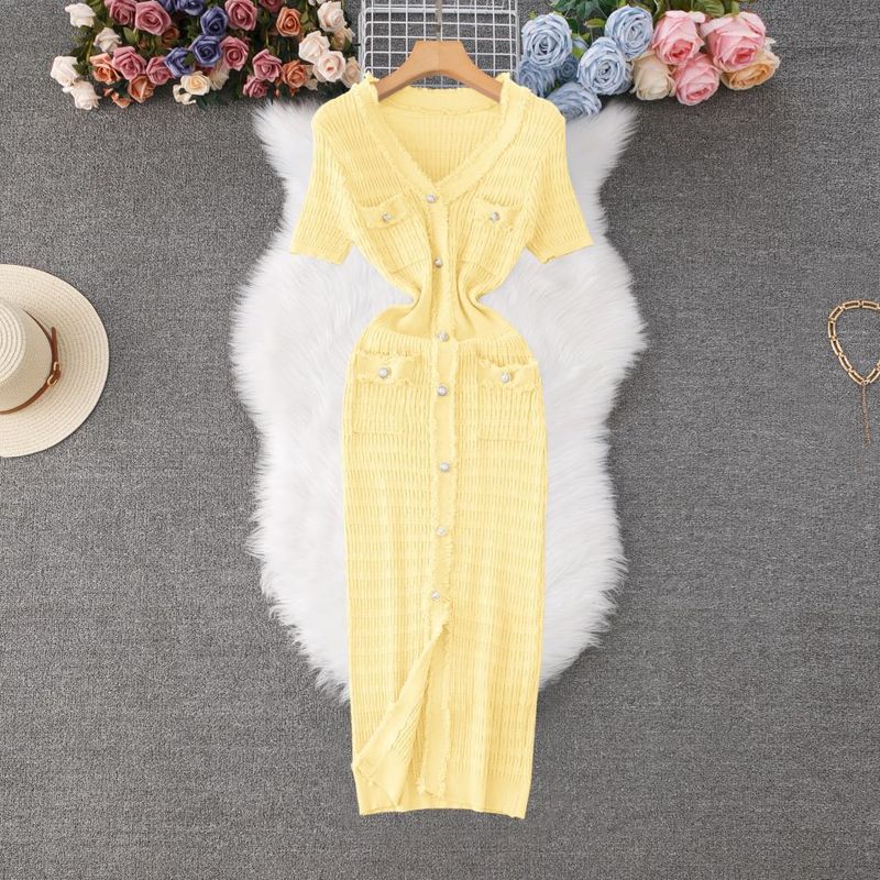Women's Clothing Tassel Short Sleeved Knitted Dress Summer Women's Skirt Long Skirt Temperament High End_voghion.com
