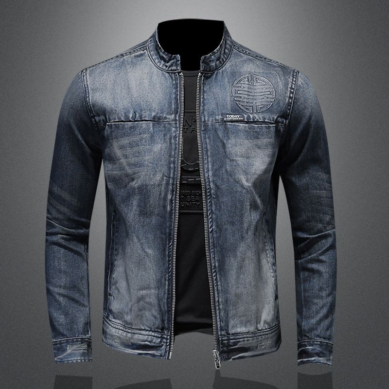 Abbigliamento da uomo Jeans da moto con cerniera personalizzata con colletto rialzato Giacca di jeans casual in rilievo taglie forti_voghion.com