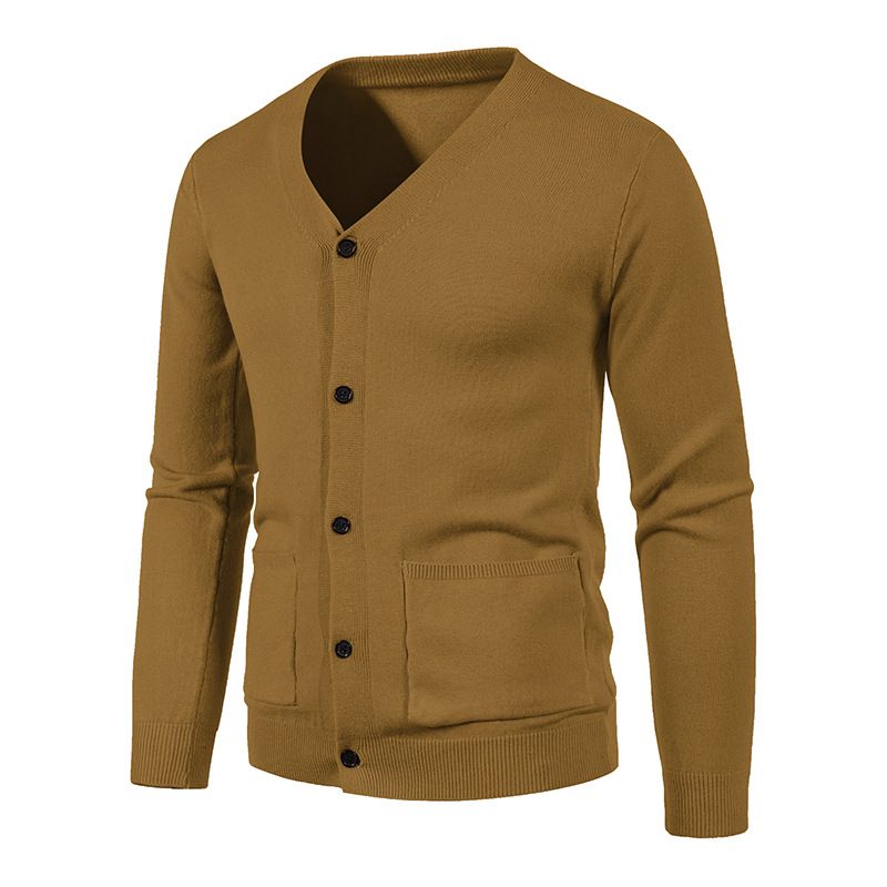 2023 Spring New Men's Solid V-neck Slim Fit Cardigan Sweater Youth Fashion Casual Coat_voghion.com
