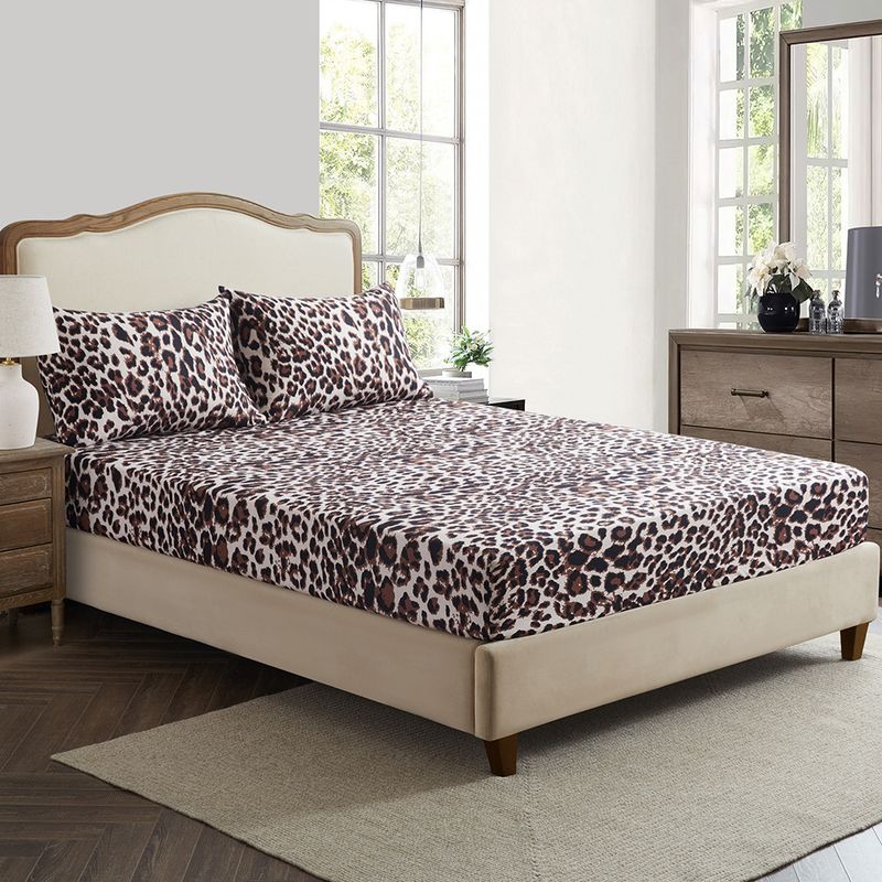 Wild Leopard Print Fitted Bed Sheet Set - 3D Polyester Animal Pattern Bedding Cover With Elastic Edges For Twin/Full/Queen/King Size Mattresses_voghion.com
