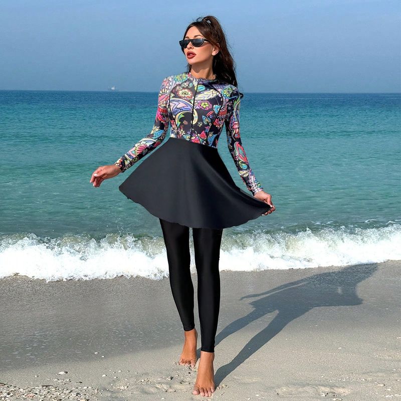 Maillot de bain musulman, imprimé conservateur, style européen et américain, pour femmes, coupe ajustée, maillot de bain une pièce en polyester_voghion.com