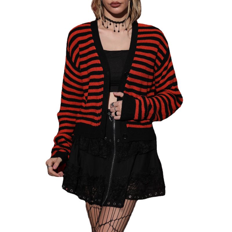Hauts tricotés à rayures pour costume d'Halloween automne et hiver nouveaux hauts tricotés à col en V pour femmes_voghion.com
