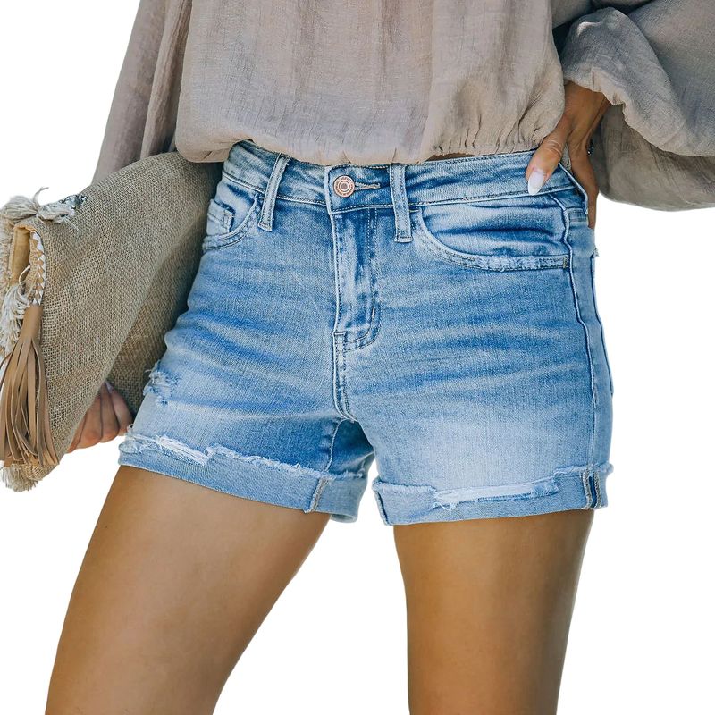 Women's Clothing High Elastic Tight Mid Rise Shorts Perforated Denim Jeans_voghion.com