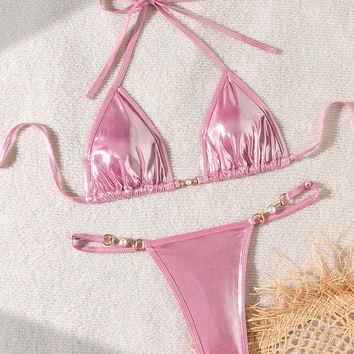 Kvinnors nya sexiga glänsande pärla T-string bikini baddräkt bikini_voghion.com