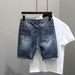 Men's Clothing Summer Trendy Brand Internet Celebrity Ripped Denim Shorts Men's Korean Style Trendy Slim Fit Blue Trendy Five Point Shorts_voghion.com