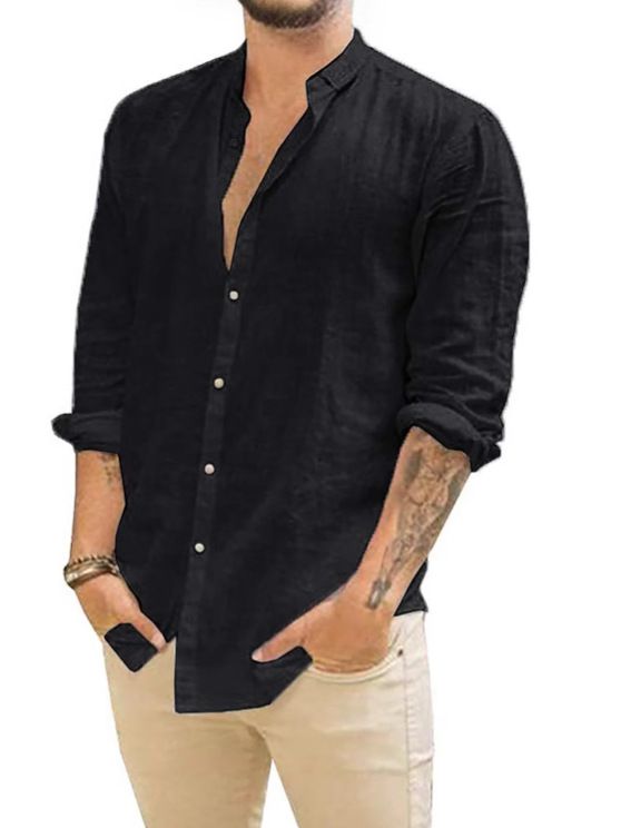 Men's Clothing Loose Linen Cardigan Solid Color Casual Stand Collar Long Sleeve Shirt_voghion.com