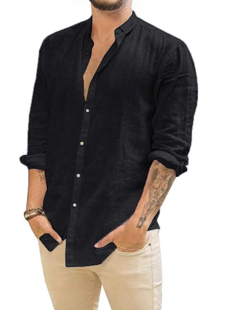 Cardigan ample en lin pour homme, couleur unie, décontracté, col montant, manches longues_voghion.com