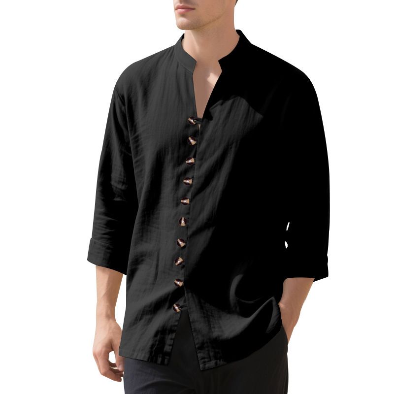 Herren Retro Leinenhemd - Stehkragen Langarm Button-Down-Hemd (Lockere Passform für Frühling/Herbst)​_voghion.com