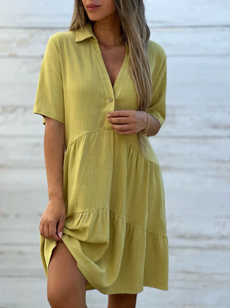 Rochie de damă cu mânecă scurtă, din bumbac și in, cu rever, culoare solidă, lejeră_voghion.com