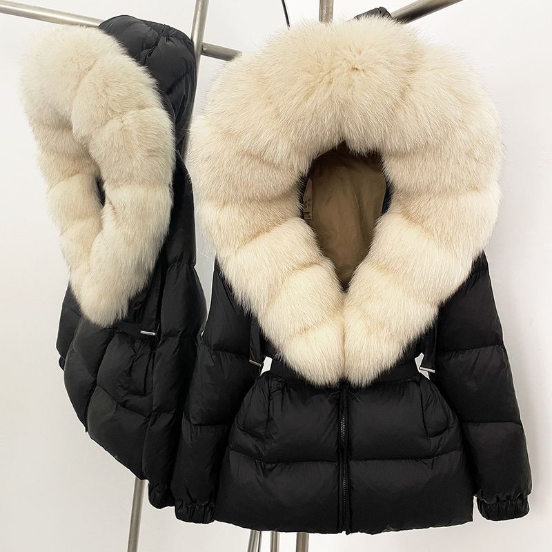 Women's Winter Warm Fashion Hooded White Duck Down Jacket With Detachable Fox Fur Collar - Slim Fit Short Puffer Coat For Elegant Commute_voghion.com