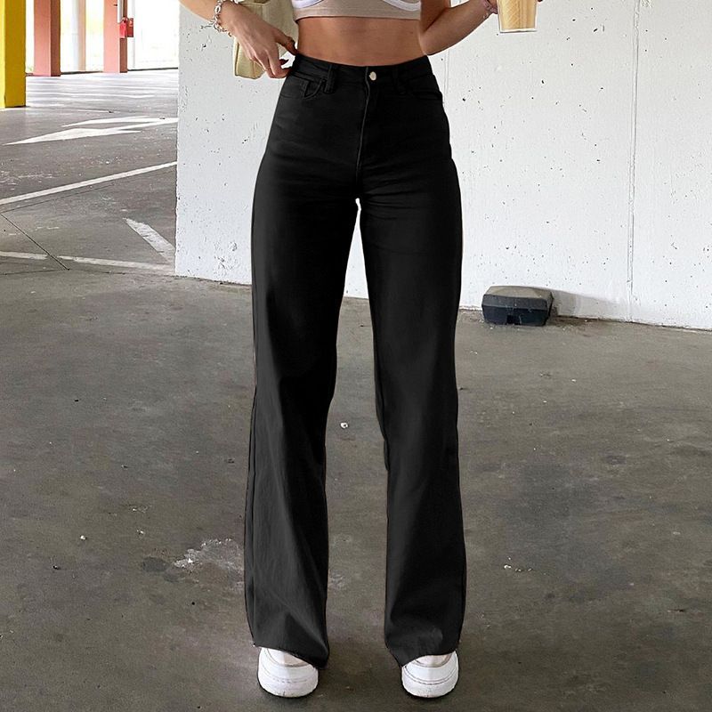 2021 Neue Stil Einfarbige Damenjeans Mit Drapierter Loose Fit Abnehmender Hoher Taille Gerade Beiläufige Lange Hosen Für Frauen_voghion.com