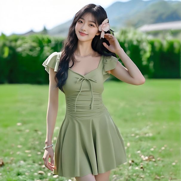 Einteiliger Badeanzug für Damen 2025, neue einfarbige, süße, süße, konservative, leicht mollige Abdeckung für den Urlaub im Thermalbad_voghion.com