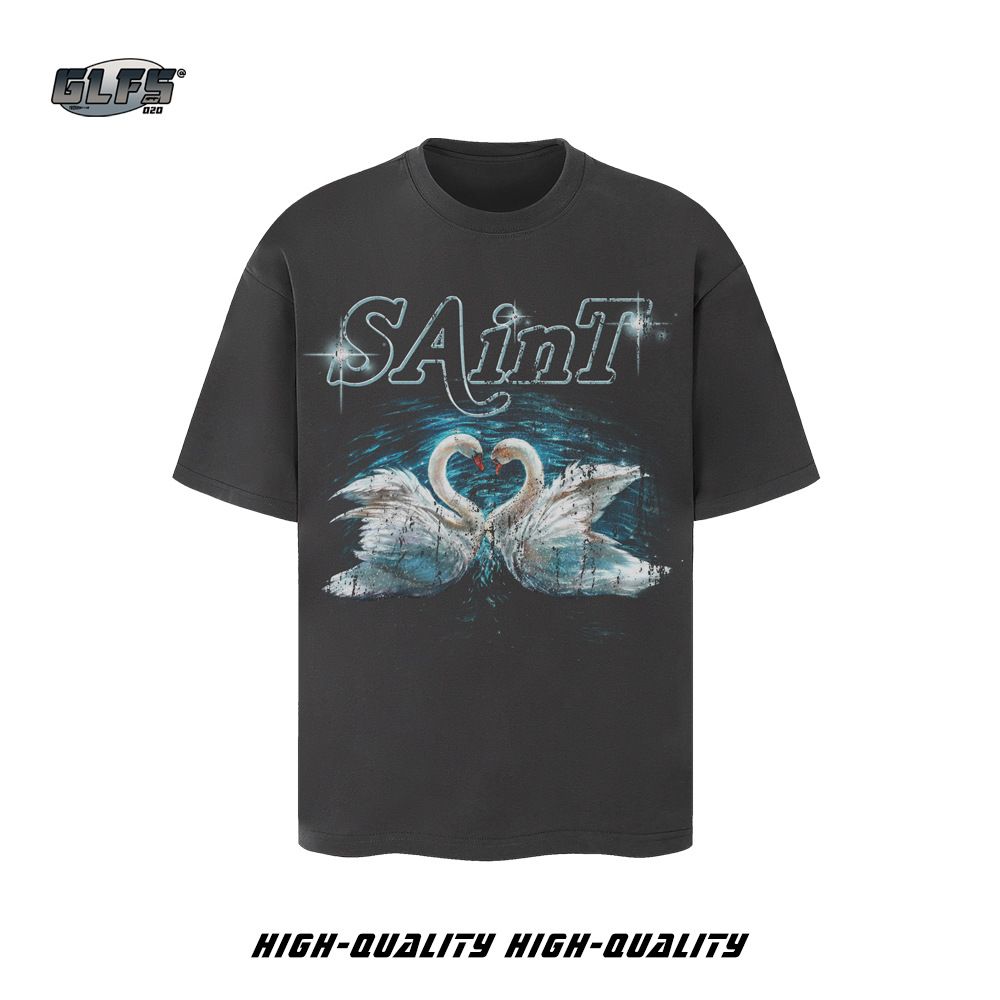 Men's Clothing Romantic Couple Short Sleeved Shirt Super Versatile And Good Looking Short Sleeved Shirt Lazy Style Swan Heart Print T Shirt_voghion.com