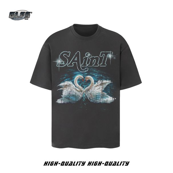 Men's Clothing Romantic Couple Short Sleeved Shirt Super Versatile And Good Looking Short Sleeved Shirt Lazy Style Swan Heart Print T Shirt_voghion.com