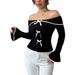 Schulterfreies Damen-T-Shirt mit Fliege in Kontrastfarbe_voghion.com