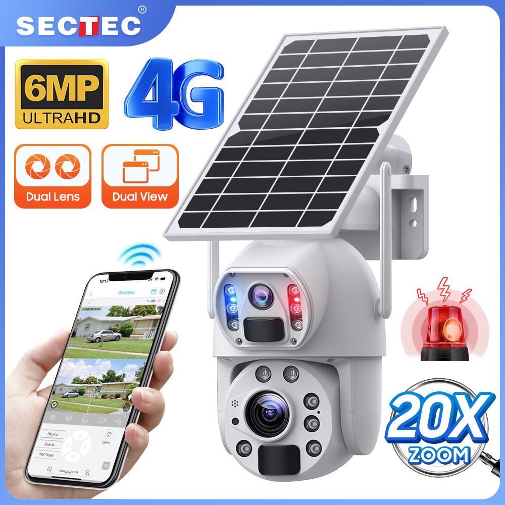Máquina de vigilância 4G sem fio de baixa potência solar externa, câmera dupla binocular, câmera inteligente com zoom de 20x_voghion.com