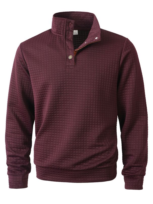 Men's Checkered Stand Collar Button-Up Sweatshirt Long Sleeve Casual Pullover Wrinkle-Free Polyester Slim Fit_voghion.com