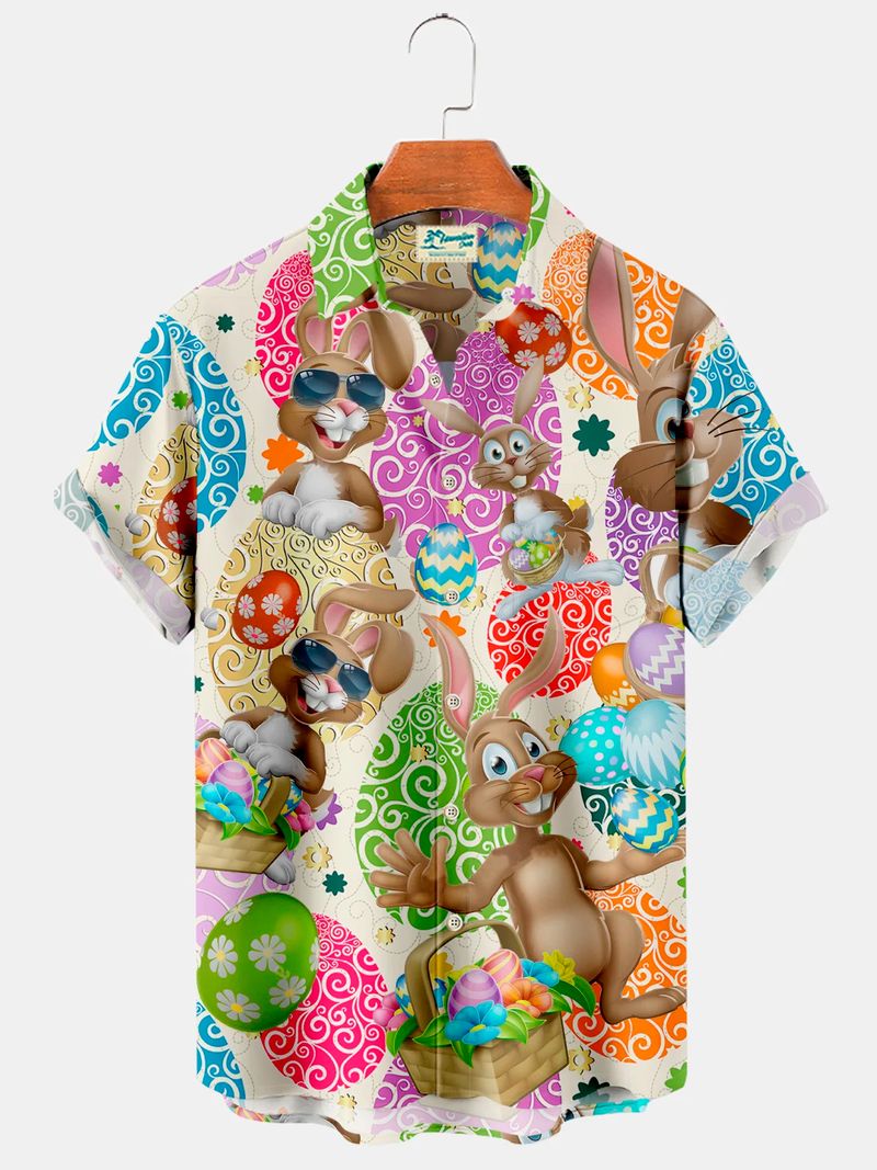 Herrenhemd mit Ostermuster, kurzärmelig, Button-Down-Revers, für den Sommer, Resort, Urlaub, Hawaii-Stil, übergroße Oberteile, Hawaii-Hemd_voghion.com