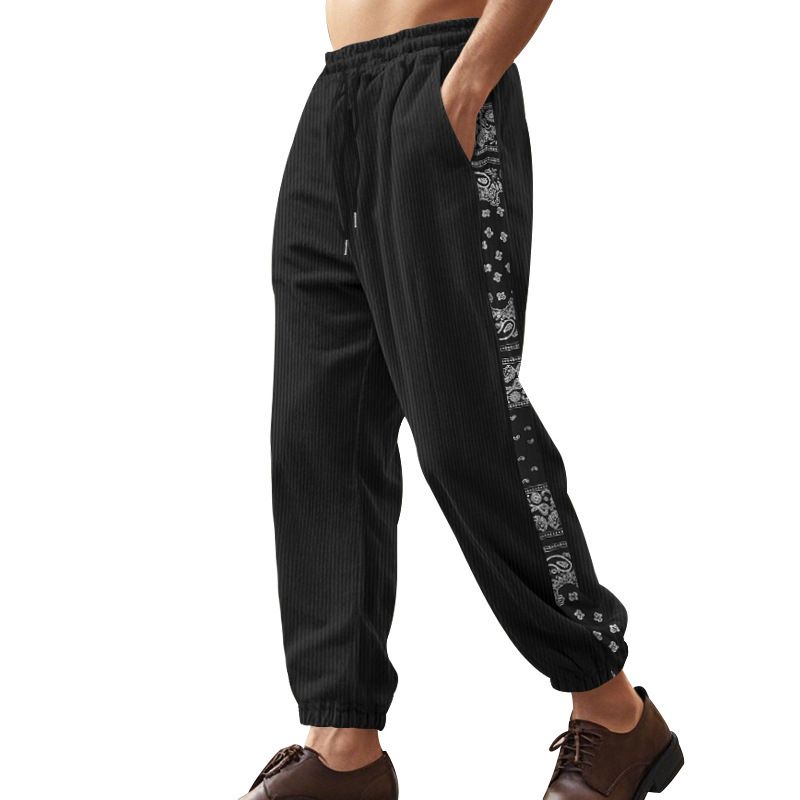 Pantalon de survêtement décontracté en velours côtelé pour homme, vêtement tendance, double ligne, motif fleurs de cajou_voghion.com