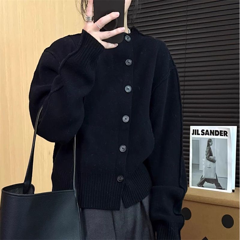 Diagonalreihige Strickjacke für Damen, Design-Sinn, unregelmäßiger Stehkragen, dünne Pulloverjacke_voghion.com