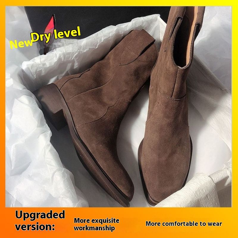 Matte Western Cowboy Mid Leg French Maillard Brown Low Heel Kurze Stiefel für Damen 2024 Herbst/Winter Neue Kollektion_voghion.com