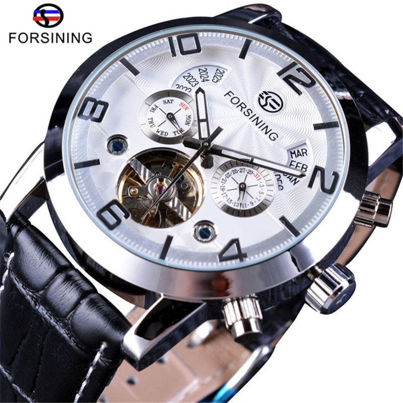 Orologio meccanico automatico da uomo alla moda con tourbillon, quadrante grande, cinturino in vera pelle, fibbia in acciaio inossidabile, vetro in cristallo minerale._voghion.com