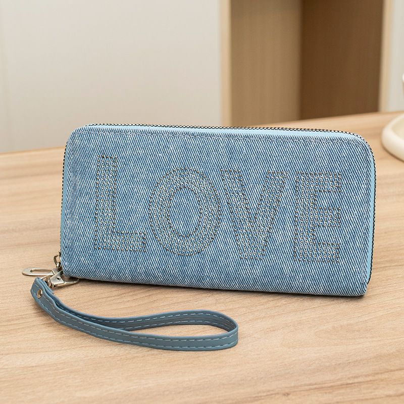 Portafoglio da donna con stampa LOVE vintage - Portafoglio lungo multi-carta con decorazioni in strass e ampia capacità (elegante pochette da donna)_voghion.com