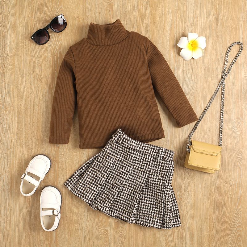 Conjunto de suéter de tricô e saia xadrez para meninas – Conjunto aconchegante de gola alta e manga comprida (90-130 cm)_voghion.com