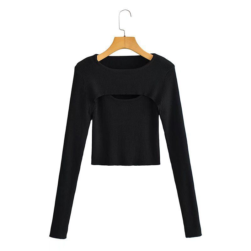1242 Maglia a maniche lunghe corta e aderente, stile invernale, da donna, con scollo rotondo, tinta unita, versatile_voghion.com
