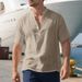 Camicia casual estiva da uomo, ampia, con colletto alto, abbottonata, in lino, a maniche corte, tinta unita, taglie forti_voghion.com