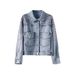 "Women's Distressed Denim Jacket With Sequin Embellishments - Vintage Washed Cropped Oversized Style (Light Blue/Black)"_voghion.com
