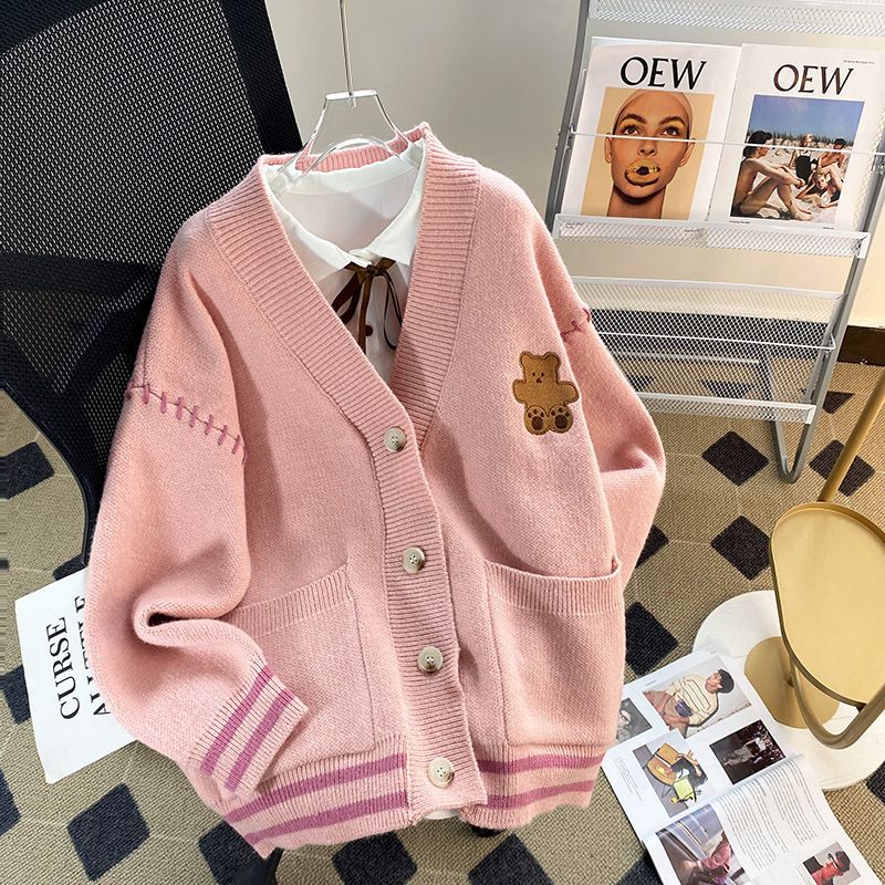 Women's Clothing Korean version of bear rope fashion sweater women's jacket autumn and winter new lazy style knitted cardigan outerwear top_voghion.com
