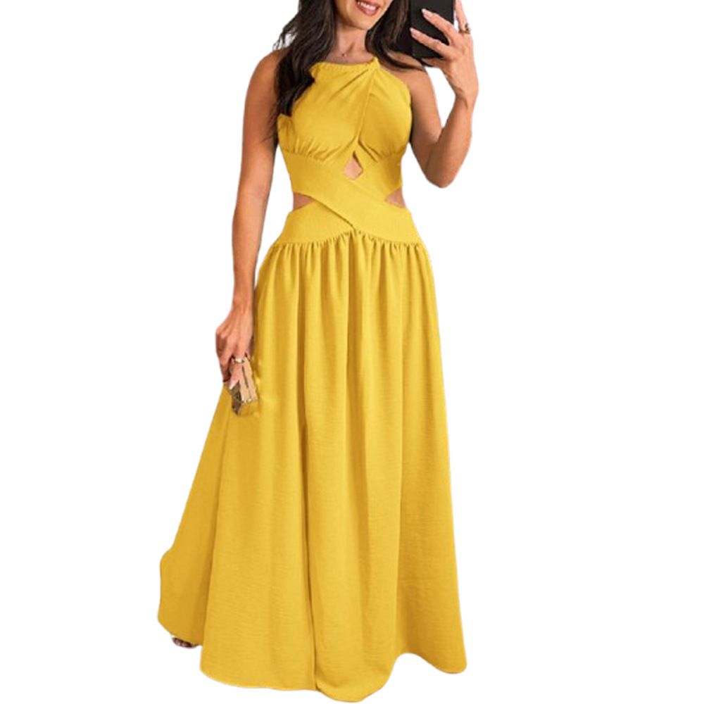 Damenbekleidung Ärmelloses Swing-Kleid mit freiliegendem Nabel und hoher Taille, rückenfreies Kleid zum Binden_voghion.com