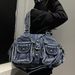 Women's Washed Denim Tote Bag Multi-Pocket Vintage Crossbody Bag 2025 Fall/Winter New_voghion.com